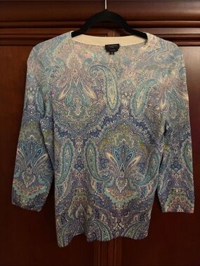 Talbots Blue Paisley cashmere Crewneck Women's Top